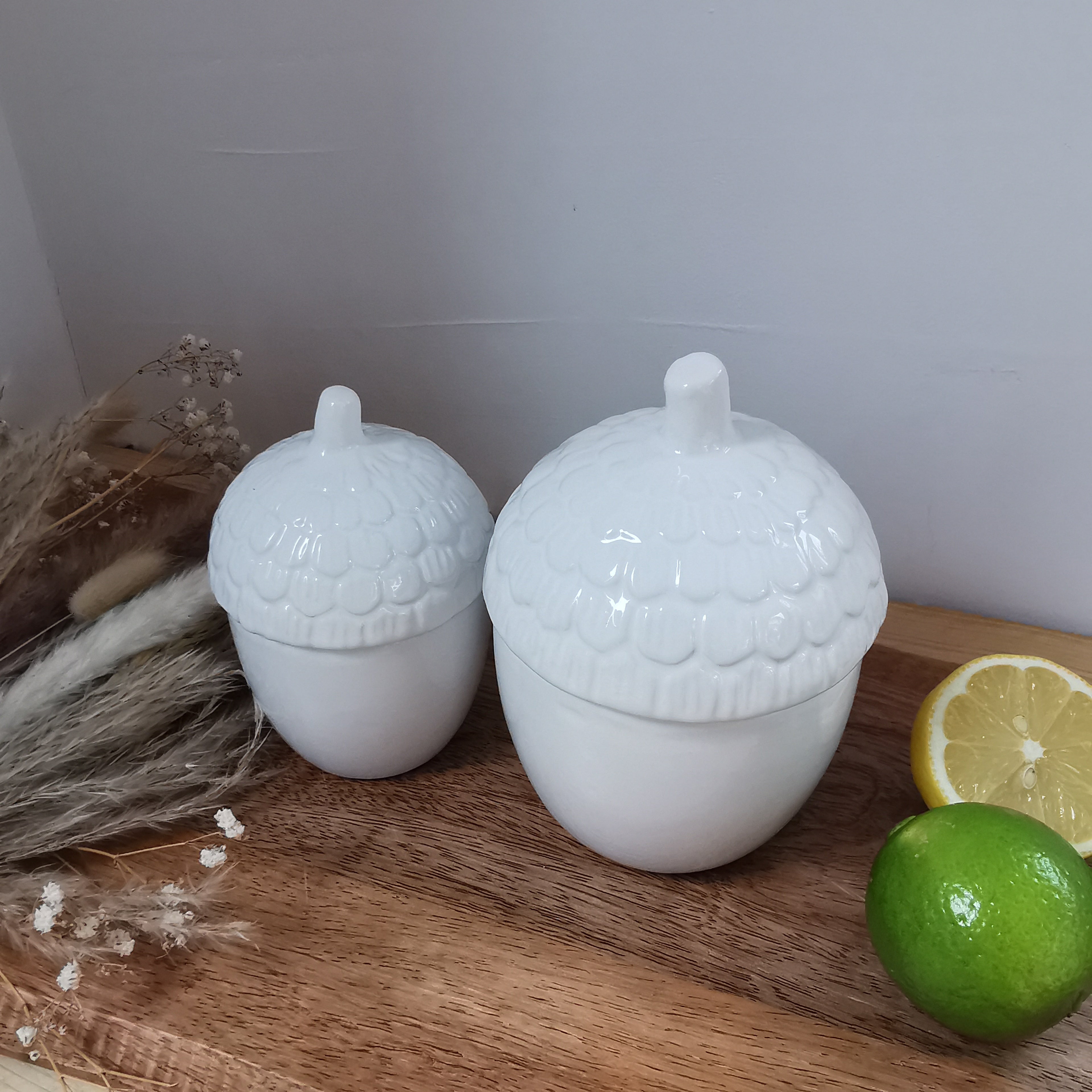 White Acorn Ceramic Storage Pot