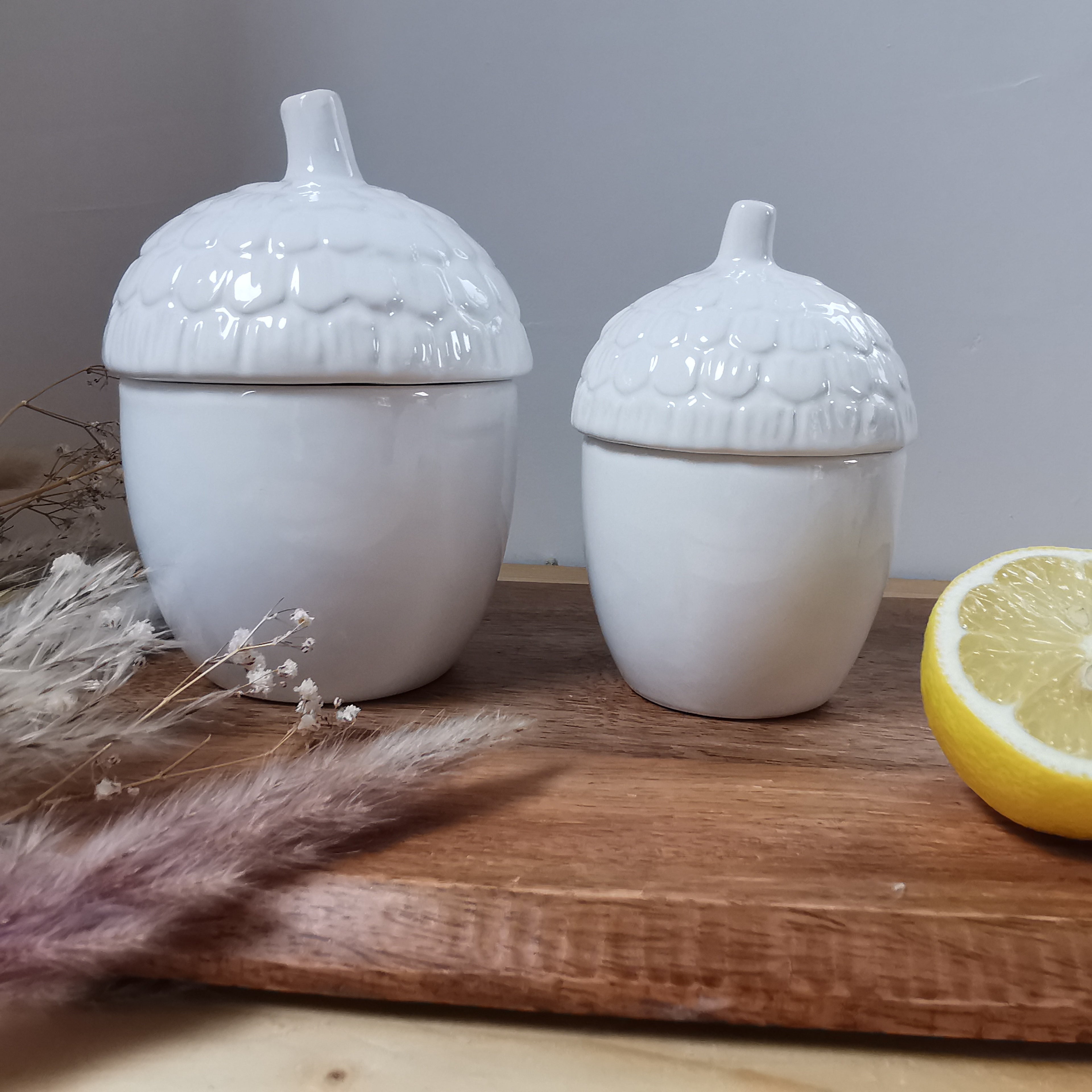 White Acorn Ceramic Storage Pot