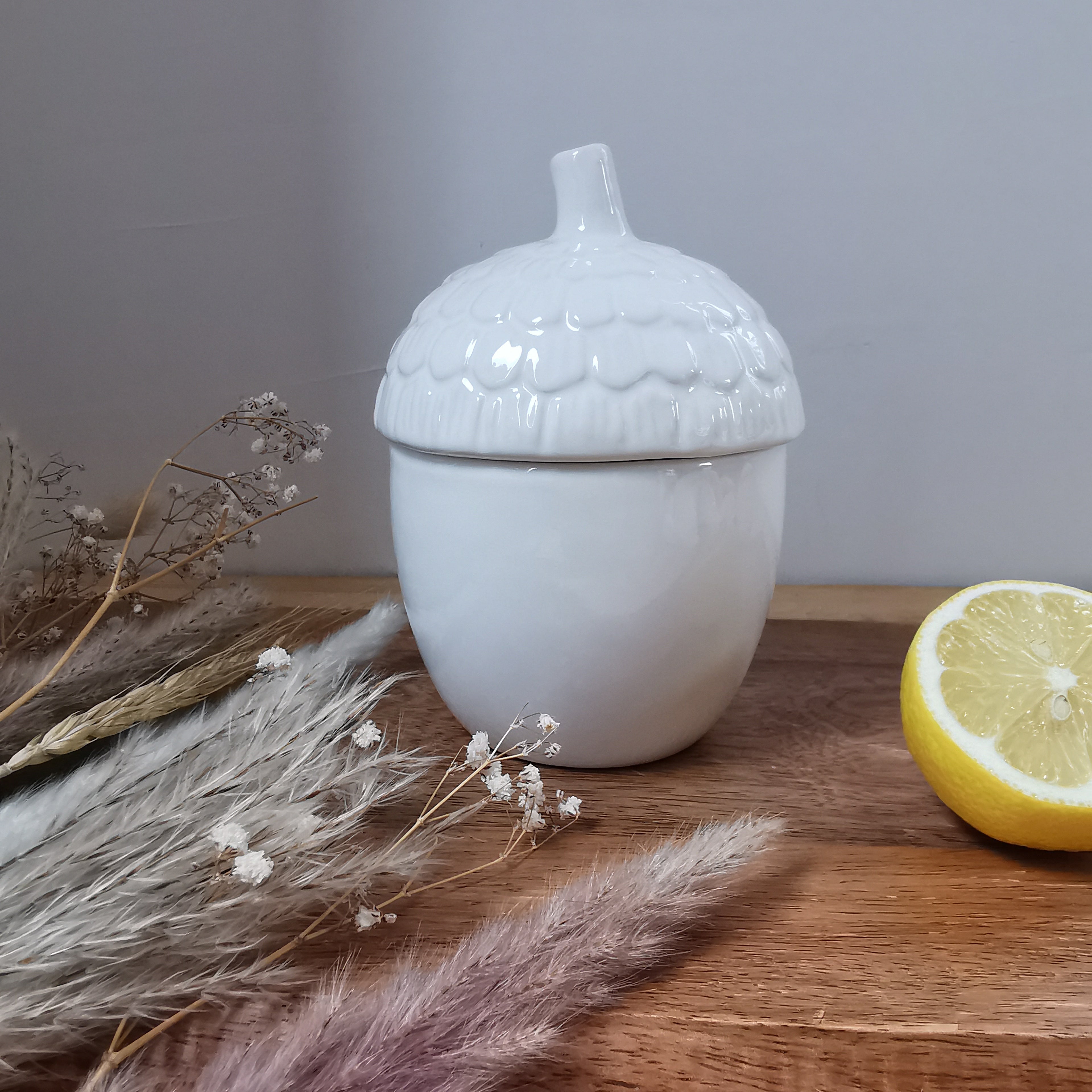 White Acorn Ceramic Storage Pot