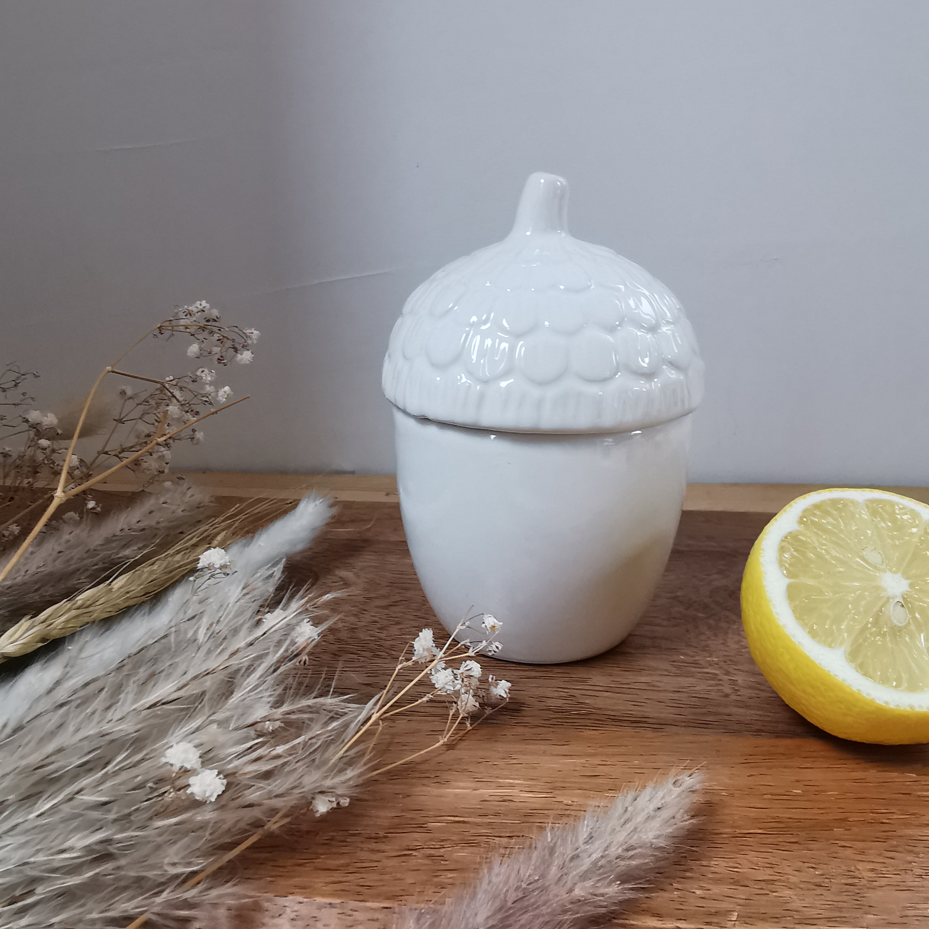 White Acorn Ceramic Storage Pot