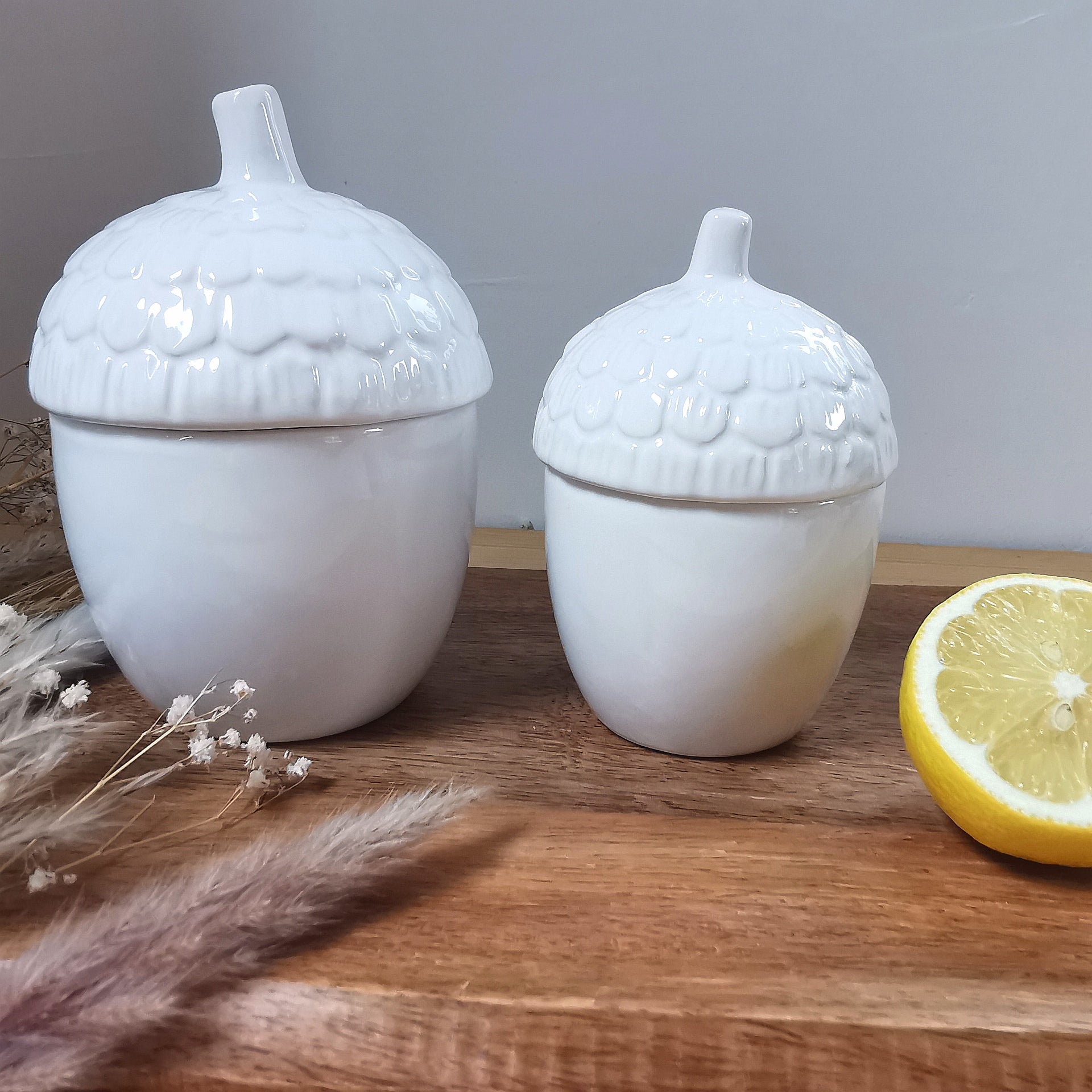 White Acorn Ceramic Storage Pot